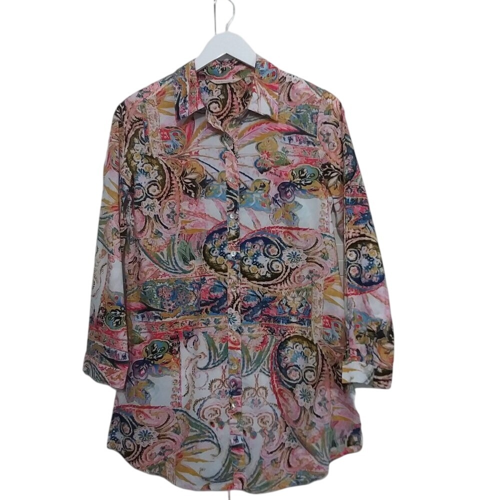 Soft Surroundings Womens XS Paisley Floral Cotton Button Down Tunic‎ Top 2BK58